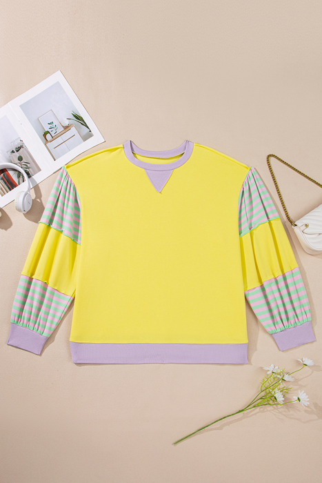 Yellow Striped Color Block Patchwork Crewneck Plus Size Pullover Sweatshirt