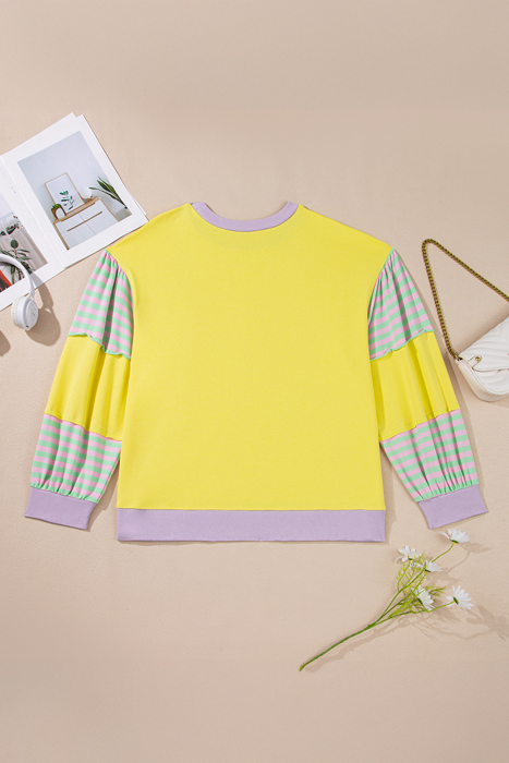 Yellow Striped Color Block Patchwork Crewneck Plus Size Pullover Sweatshirt