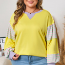 Yellow 2X Yellow Striped Color Block Patchwork Crewneck Plus Size Pullover Sweatshirt