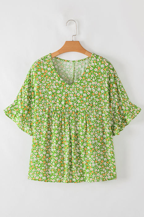 Yusra FloralRuffle Sleeve V Neck Blouse