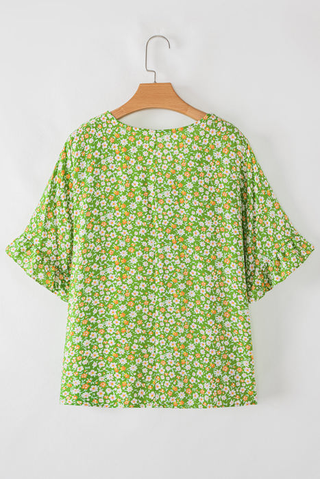 Yusra FloralRuffle Sleeve V Neck Blouse