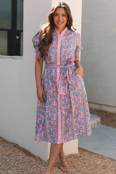 Zariyah Floral Shirred Buttoned Front Midi Dress