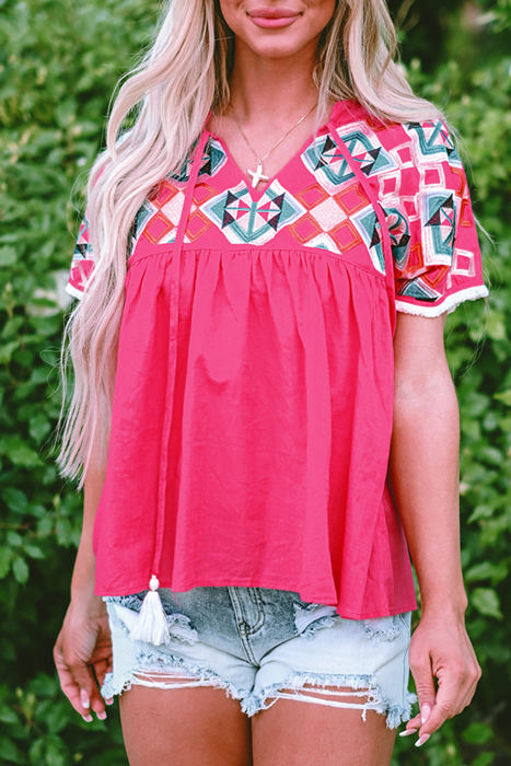 Zayla Embroidered Tassel Tie V Neck Blouse