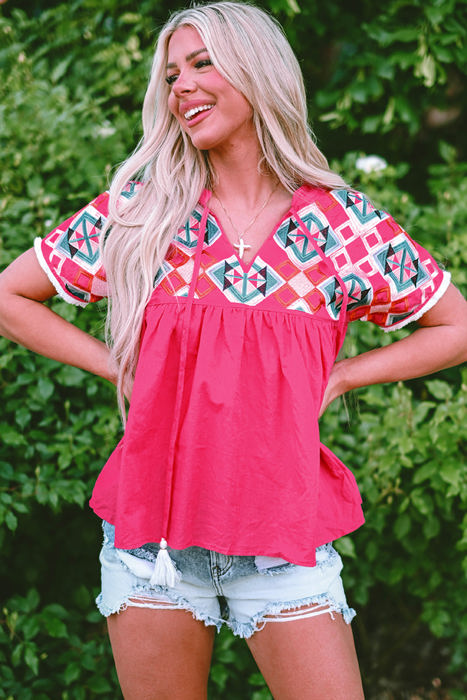 Zayla Embroidered Tassel Tie V Neck Blouse