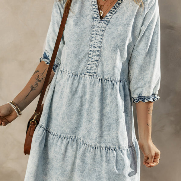 Zaylee Acid Wash Retro Half Sleeve Flared Denim Dress