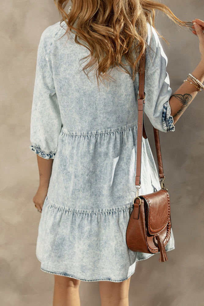 Zaylee Acid Wash Retro Half Sleeve Flared Denim Dress