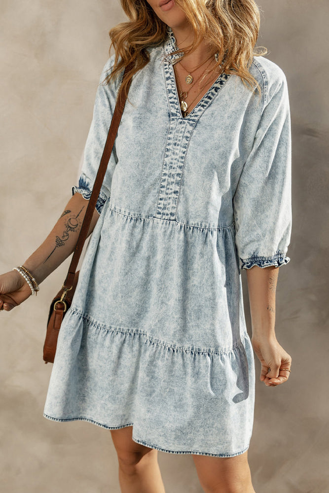 Zaylee Acid Wash Retro Half Sleeve Flared Denim Dress