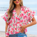 Pink XL Zoya Floral Ruffled Short Sleeve Blouse