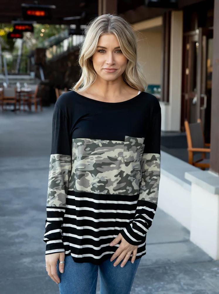 Stripe and Camo Colorblock Top