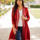 Red Medium 3/4 Sleeve Lace Trim Cardigan