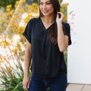 Black Small Solid V-Neck Cuffed Sleeve Lisa Top