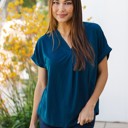 Blue Small Solid V-Neck Cuffed Sleeve Lisa Top