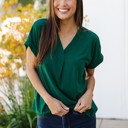 Green Small Solid V-Neck Cuffed Sleeve Lisa Top