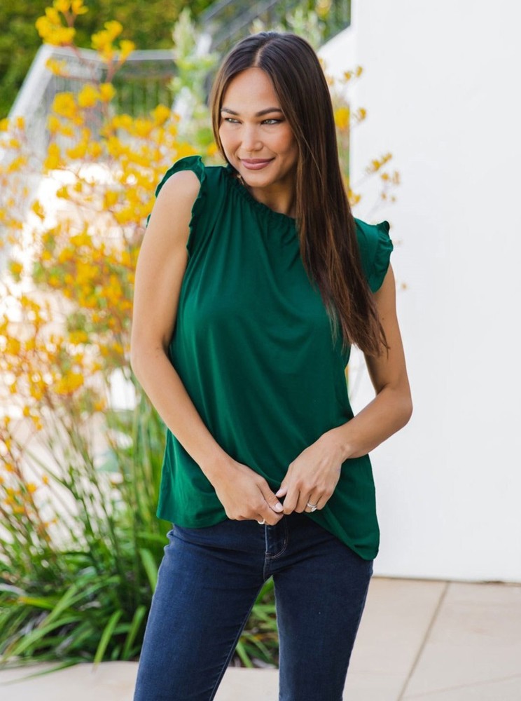 Solid Ruffle Cap Sleeve Top