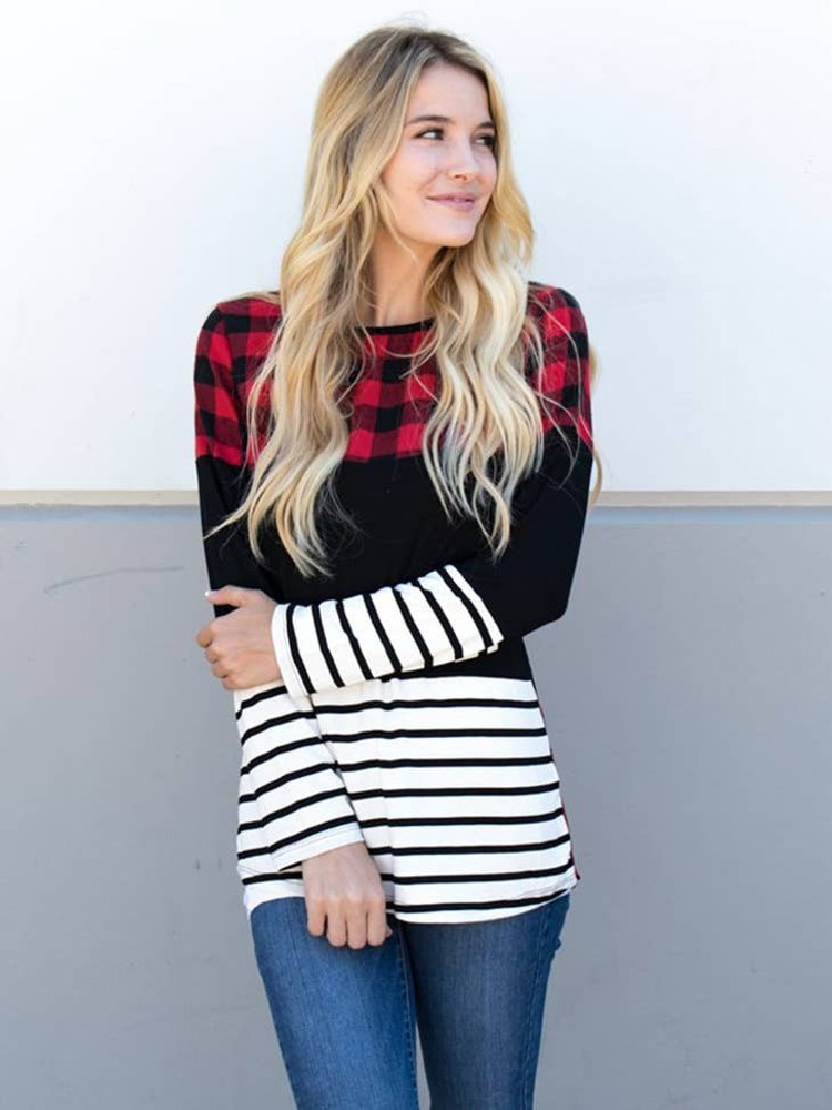 Buffalo Plaid & Stripe Long Sleeve Colorblock Top