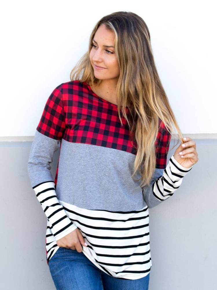 Buffalo Plaid & Stripe Long Sleeve Colorblock Top