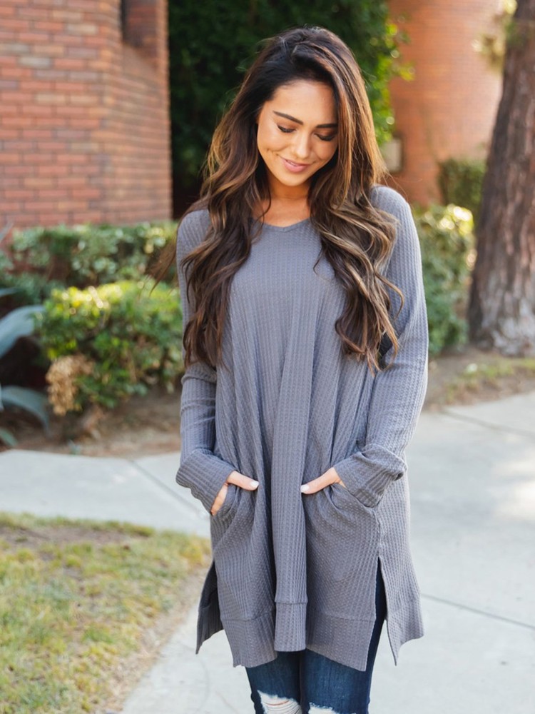 Long Sleeve Pocket Split Hem Tunic - Azalea Top