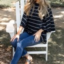 Navy Medium Bell Sleeve Striped Austin Top