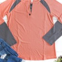 Coral Medium Stripe Detail Raglan Henley Danielle Top