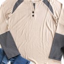 Tan Medium Stripe Detail Raglan Henley Danielle Top