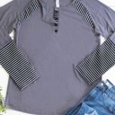 Charcoal Gray Small Stripe Detail Raglan Henley Danielle Top