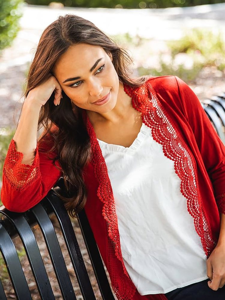 3/4 Sleeve Lace Trim Cardigan