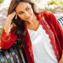 Red Small 3/4 Sleeve Lace Trim Cardigan