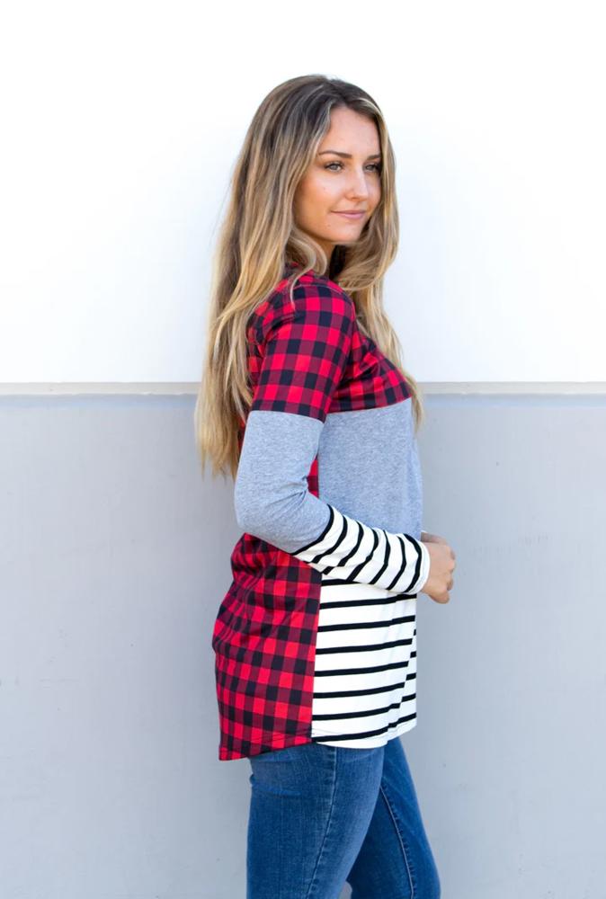 Buffalo Plaid & Stripe Long Sleeve Colorblock Top