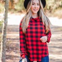 Buffalo Plaid Red Small Patterned Cowl Neck Top