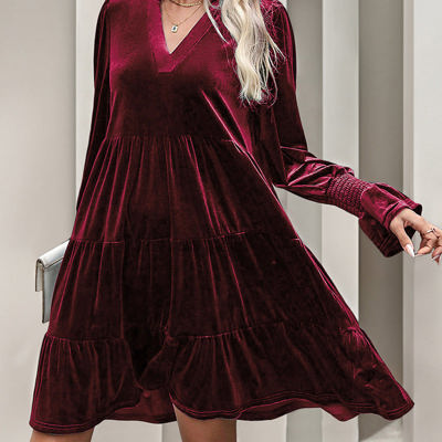 Smocked Sleeve Velvet Dress