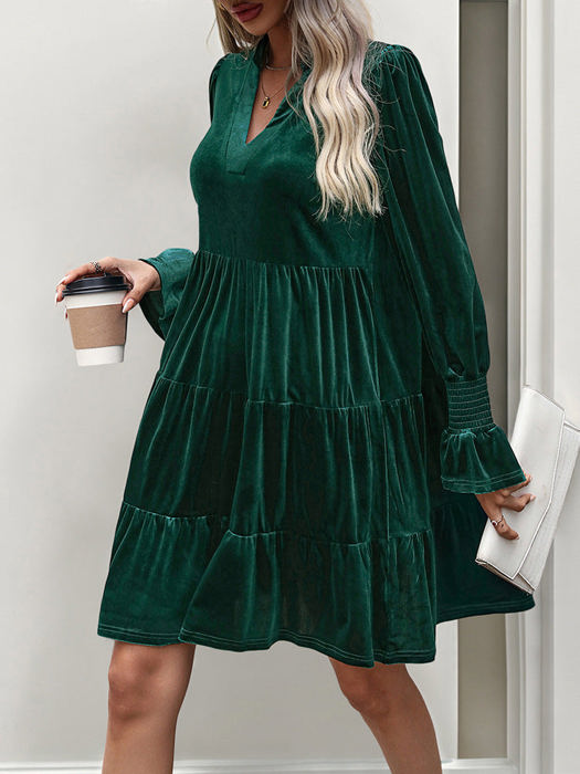 Smocked Sleeve Velvet Dress