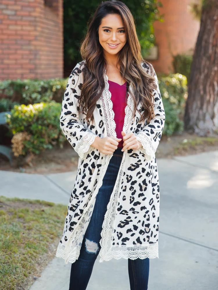 3/4 Sleeve Lace Trim Cardigan - Cream Leopard