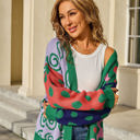 Medium Green Colorful Mixed Pattern Open Front Cardigan