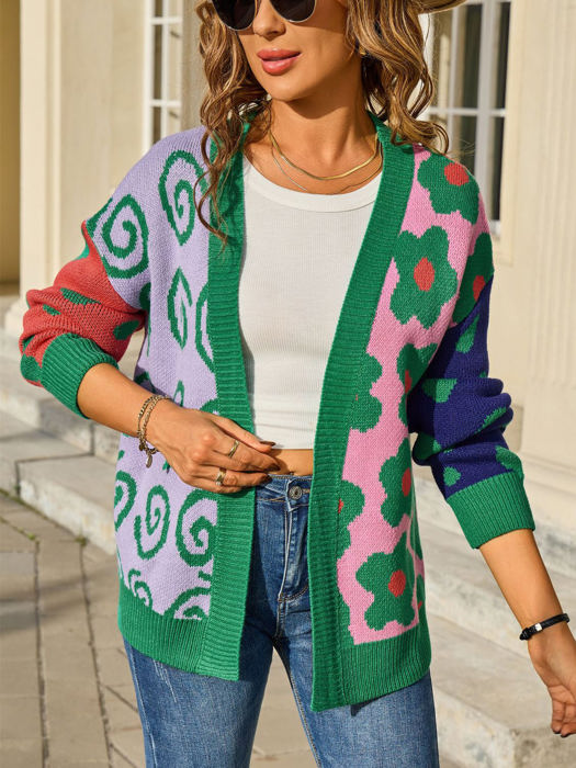 Colorful Mixed Pattern Open Front Cardigan
