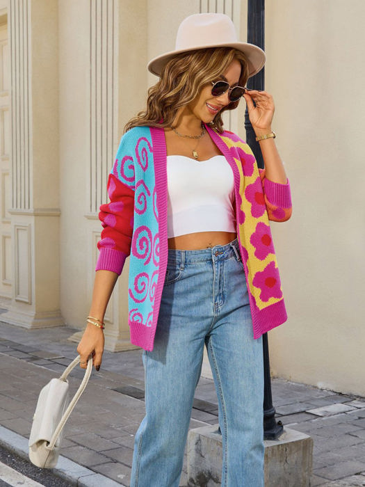 Colorful Mixed Pattern Open Front Cardigan
