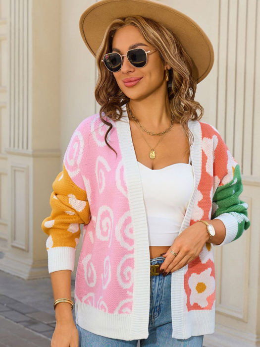 Colorful Mixed Pattern Open Front Cardigan