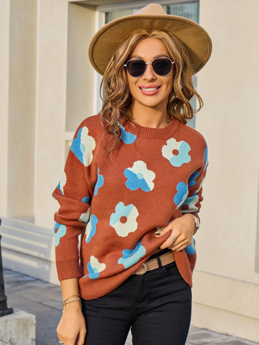 Multicolor Contrast Floral Sweater