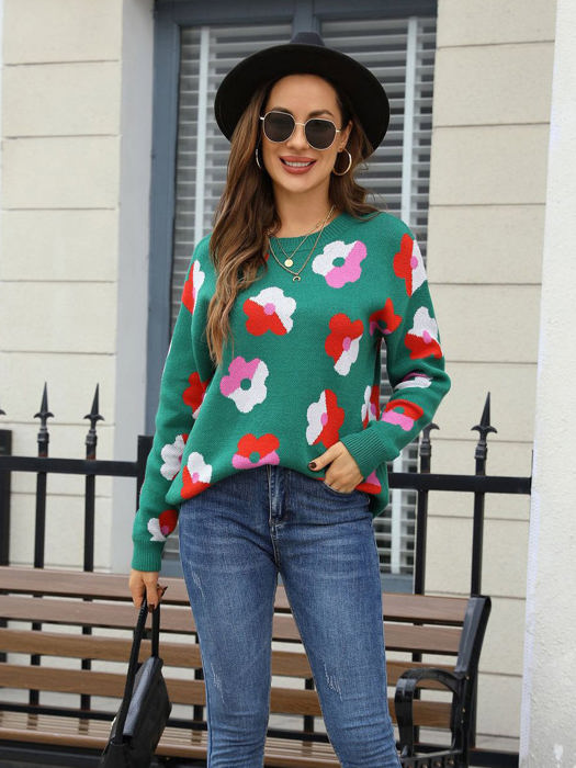 Multicolor Contrast Floral Sweater