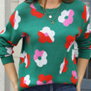 Medium Green Multicolor Contrast Floral Sweater