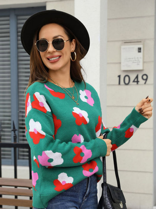 Multicolor Contrast Floral Sweater