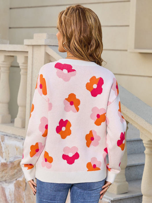 Multicolor Contrast Floral Sweater