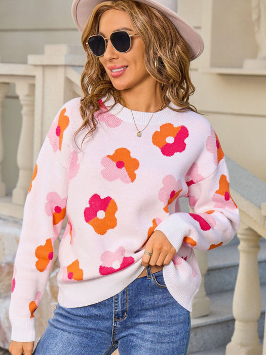 Multicolor Contrast Floral Sweater