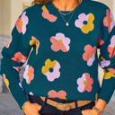 Large Teal Blue Multicolor Contrast Floral Sweater