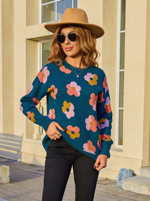 Multicolor Contrast Floral Sweater