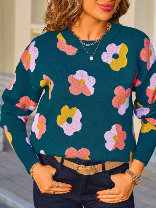 Multicolor Contrast Floral Sweater