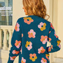 Small Teal Blue Multicolor Contrast Floral Sweater