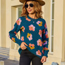 Small Teal Blue Multicolor Contrast Floral Sweater