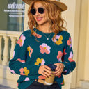 XL Teal Blue Multicolor Contrast Floral Sweater