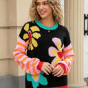  Flower Print Stripe Sleeve Sweater