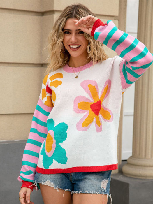 Flower Print Stripe Sleeve Sweater